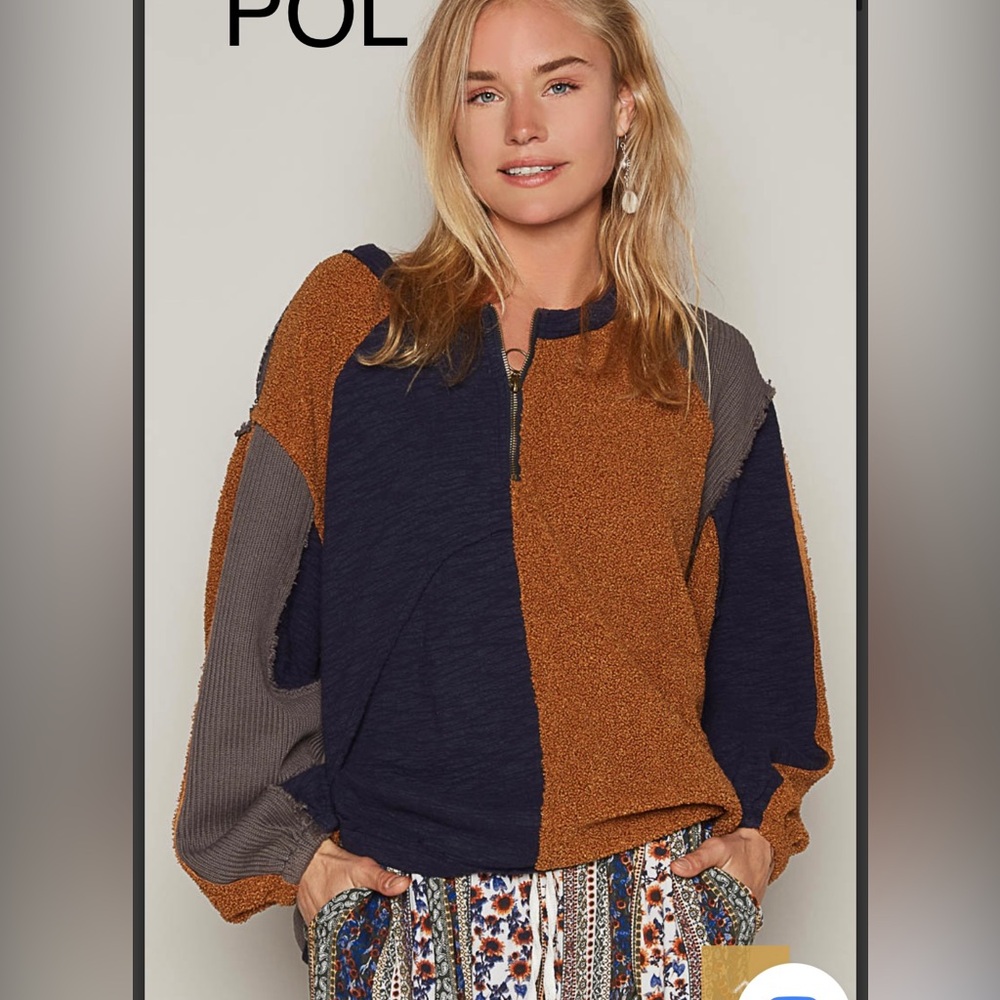 BP30🤎💙NEW! POL playful zip top brown+dark navy top w/cutout details! Match2pants - Picture 7 of 7